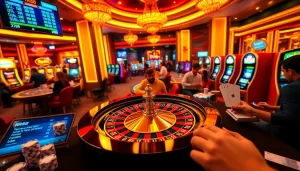 RR88 players engaging thrillingly around a roulette wheel in a vibrant casino setting.