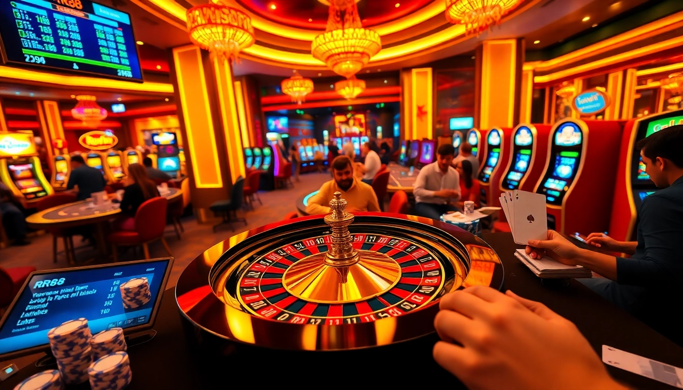 RR88 players engaging thrillingly around a roulette wheel in a vibrant casino setting.