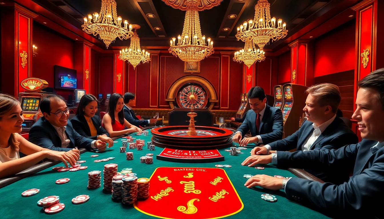 Excited players at a poker table in a vibrant casino scene featuring kjc.ac gaming elements.
