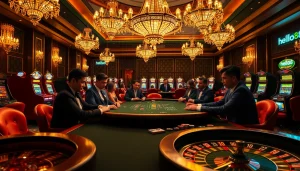Hello88 poker players engaged in a high-stakes game in a luxurious casino setting.