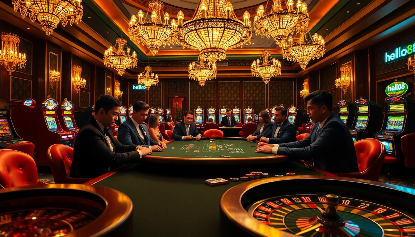Hello88 poker players engaged in a high-stakes game in a luxurious casino setting.
