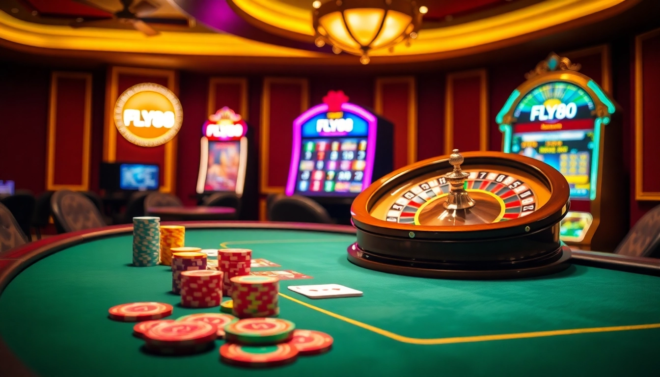 Engaging scene of FLY88's vibrant casino experience with poker chips and roulette wheel.