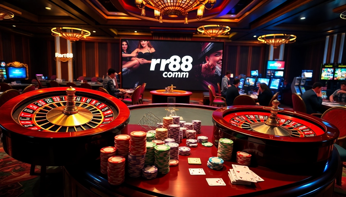 Experience the thrill of rr88 com with vibrant poker chips and roulette wheels in an opulent setting.