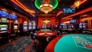 A vibrant casino scene showcasing lively gaming tables and machines, highlighting the excitement of five88.net.