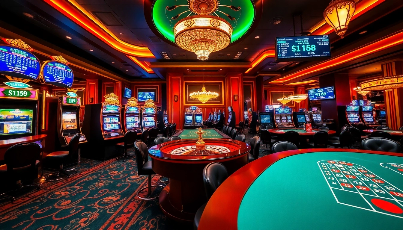 A vibrant casino scene showcasing lively gaming tables and machines, highlighting the excitement of five88.net.