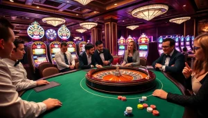 TPJ casino scene featuring an elegant poker table, vibrant roulette wheel, and colorful poker chips.