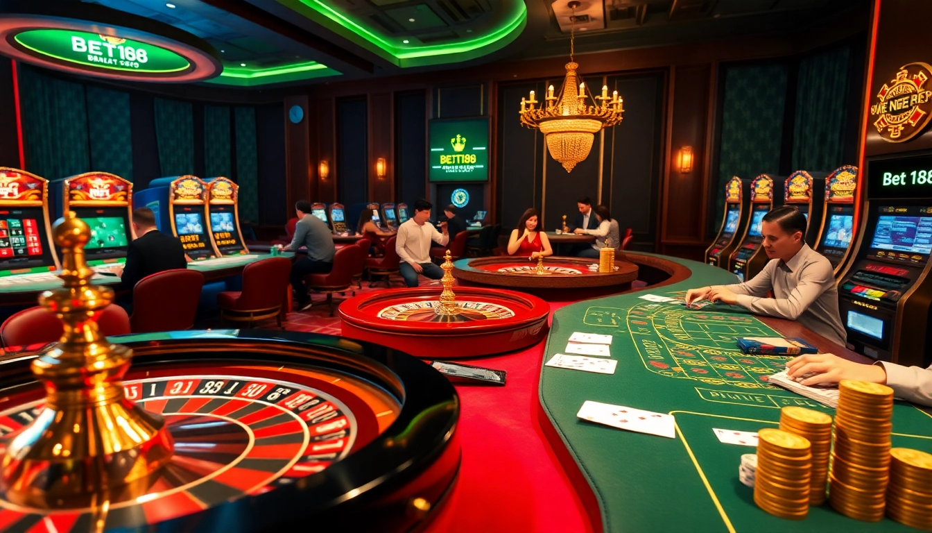 Bet168 net platform showcased in an exciting casino scene with poker tables and roulette wheels.