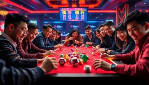 Tài Xỉu players intensely engaging with vibrant dice and digital results in a modern casino setting.