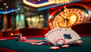 Trải nghiệm cảm giác hồi hộp của trò chơi tại https://luck8.com với cảnh casino sang trọng có các bàn poker và các bánh xe roulette.