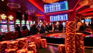 Players enjoying high-stakes gambling at MB 66 casino with vibrant slot machines and roulette.