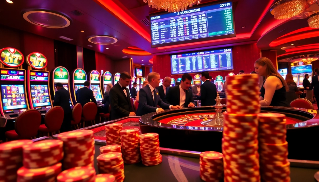 Players enjoying high-stakes gambling at MB 66 casino with vibrant slot machines and roulette.