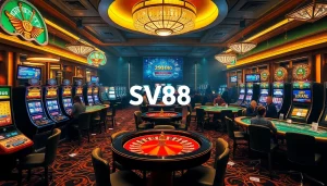 Engaging gamblers at SV88 with vibrant casino tables, poker chips, and slot machines.