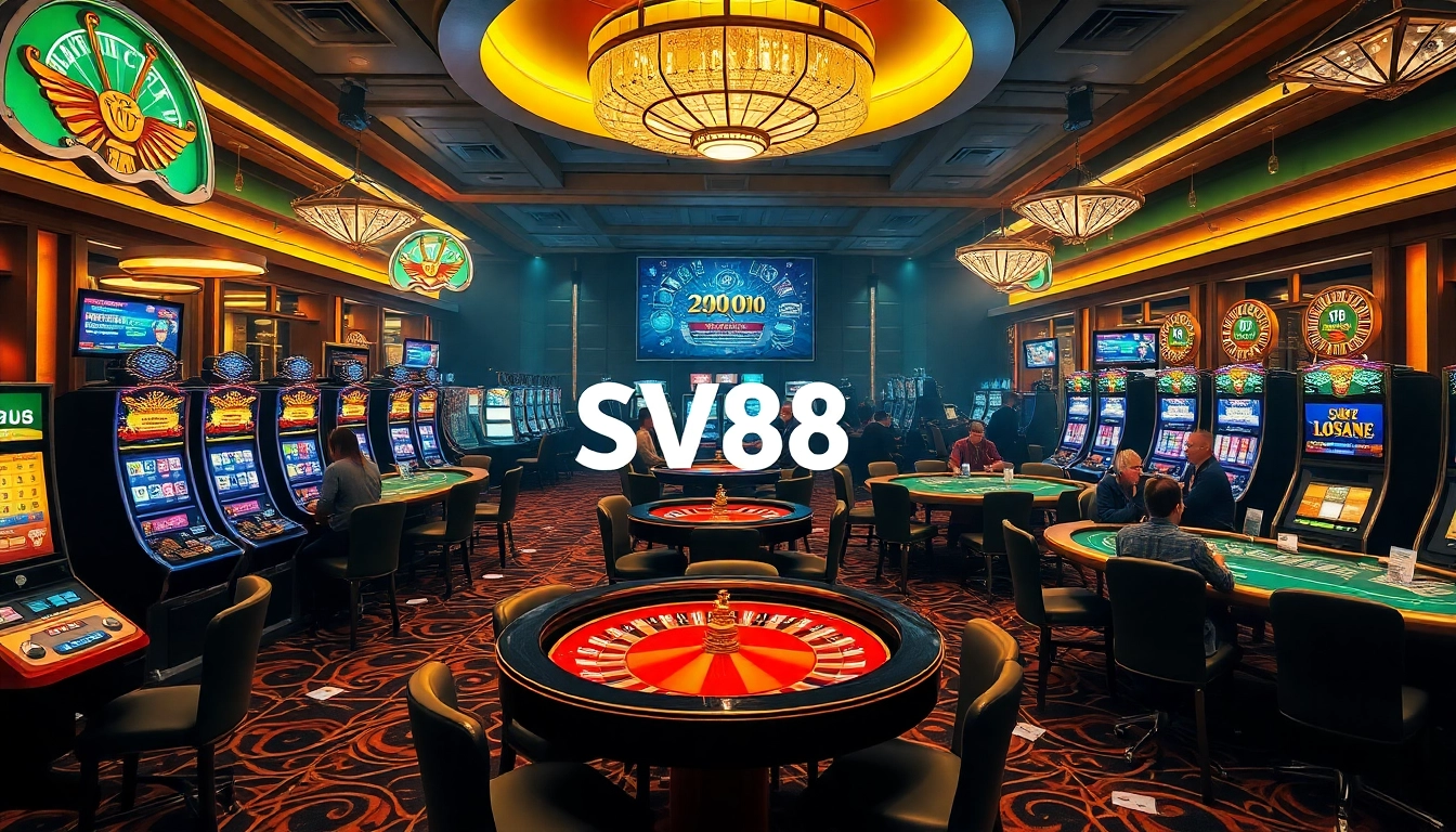 Engaging gamblers at SV88 with vibrant casino tables, poker chips, and slot machines.