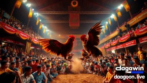 Exciting live cockfighting event at dagawin.live with enthusiastic spectators and vibrant atmosphere.