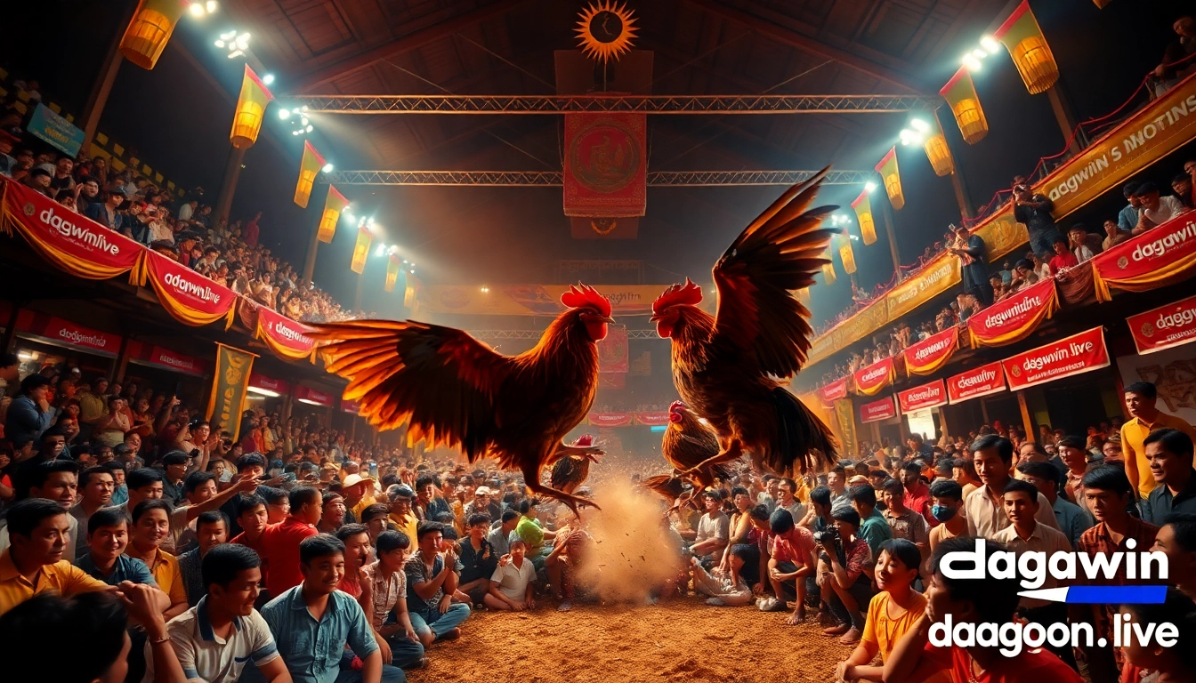 Exciting live cockfighting event at dagawin.live with enthusiastic spectators and vibrant atmosphere.