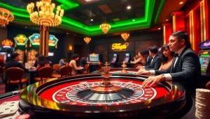 Players enjoying a thrilling roulette game at king88 casino table with vibrant atmosphere.
