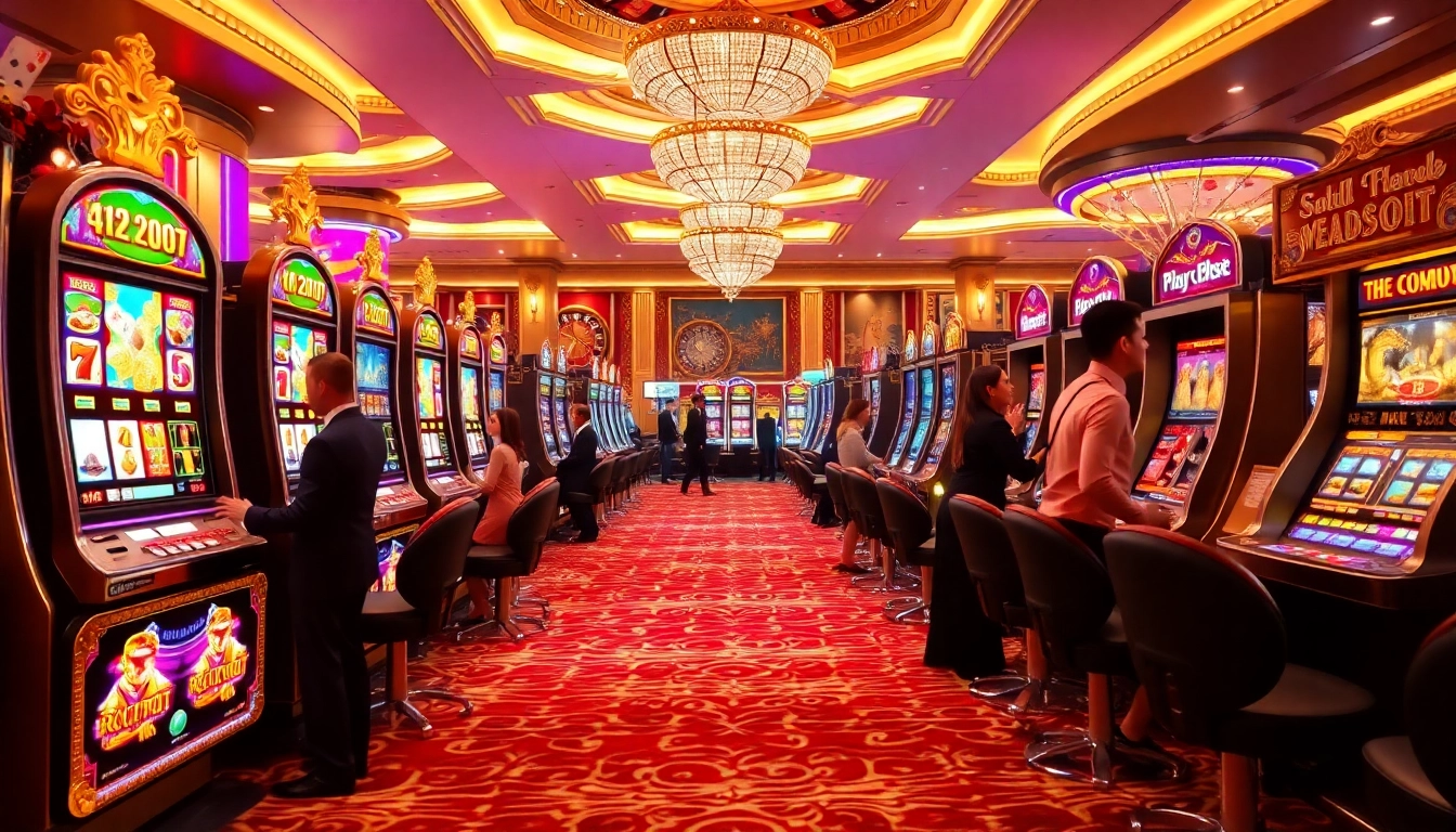 Players engaging with nổ hũ slot machines in a glamorous casino environment.