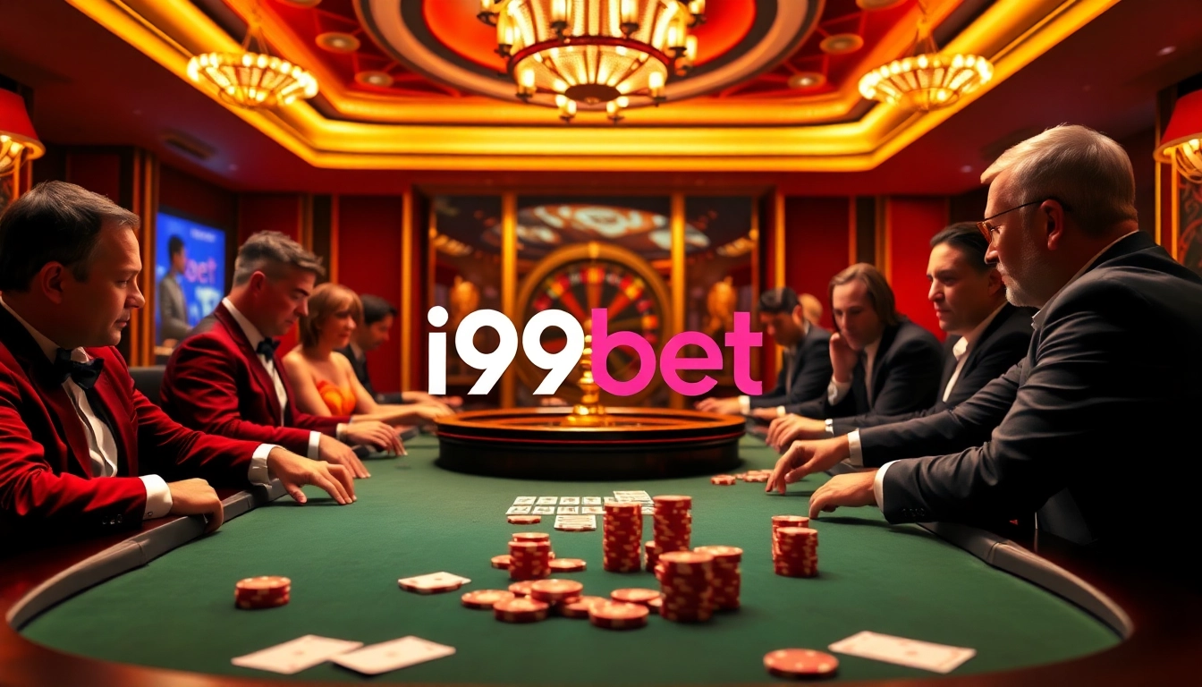 Engage in a thrilling poker game at i9bet's luxurious casino table surrounded by excitement.