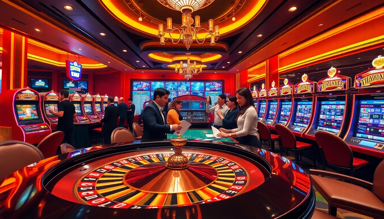 Experience thrill at 33win 4com with players enjoying an elegant casino setting featuring roulette and slots.