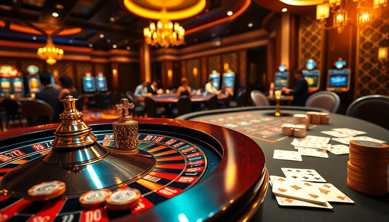 Experience the excitement of nhà cái win678 with vibrant casino tables and spinning roulette wheels.