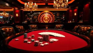 Engaging scene of MAN CLUB poker gameplay showcasing chips, cards, and a dramatic roulette wheel.