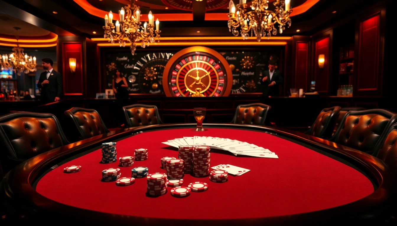 Engaging scene of MAN CLUB poker gameplay showcasing chips, cards, and a dramatic roulette wheel.