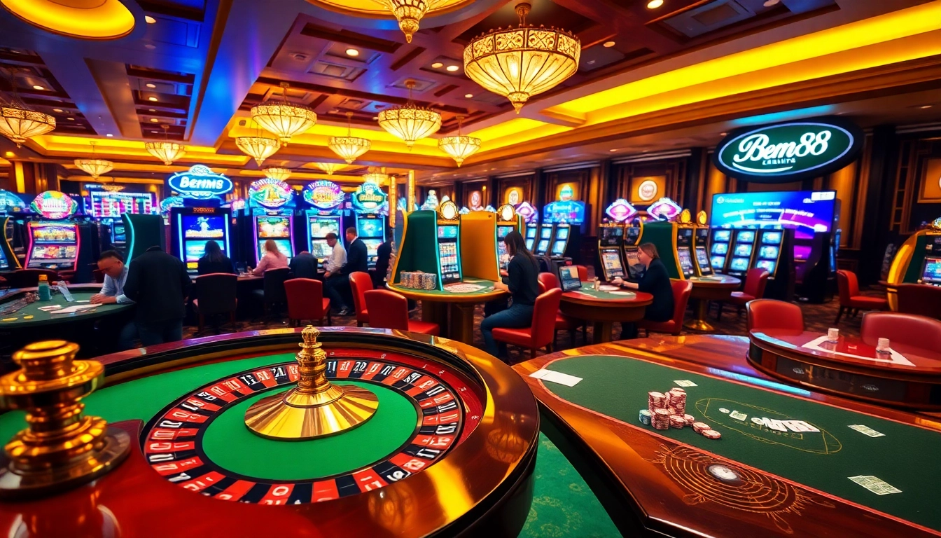 Experience the excitement of bem88 as players enjoy roulette and slot machines in a vibrant casino atmosphere.