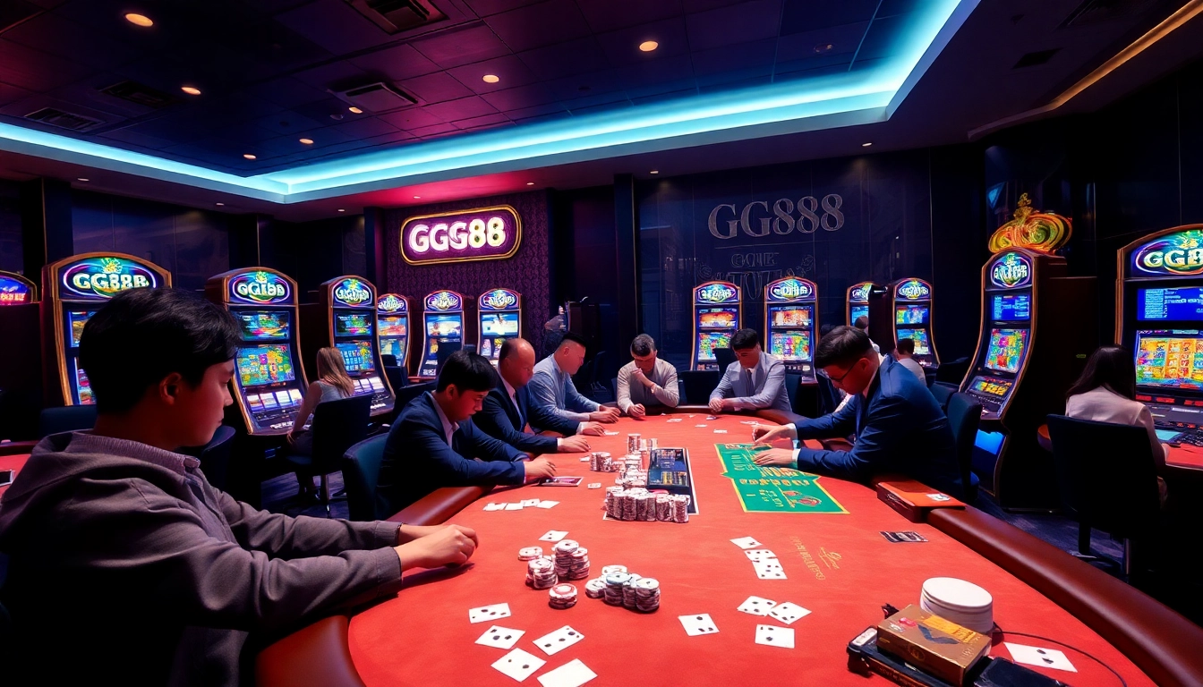 Players enjoying intense card games at a Gg88 Tech casino table, surrounded by vibrant slot machines.