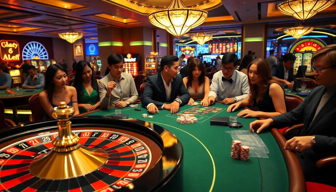 Experience the excitement of five88 with a luxurious casino scene featuring vibrant slot machines and poker tables.