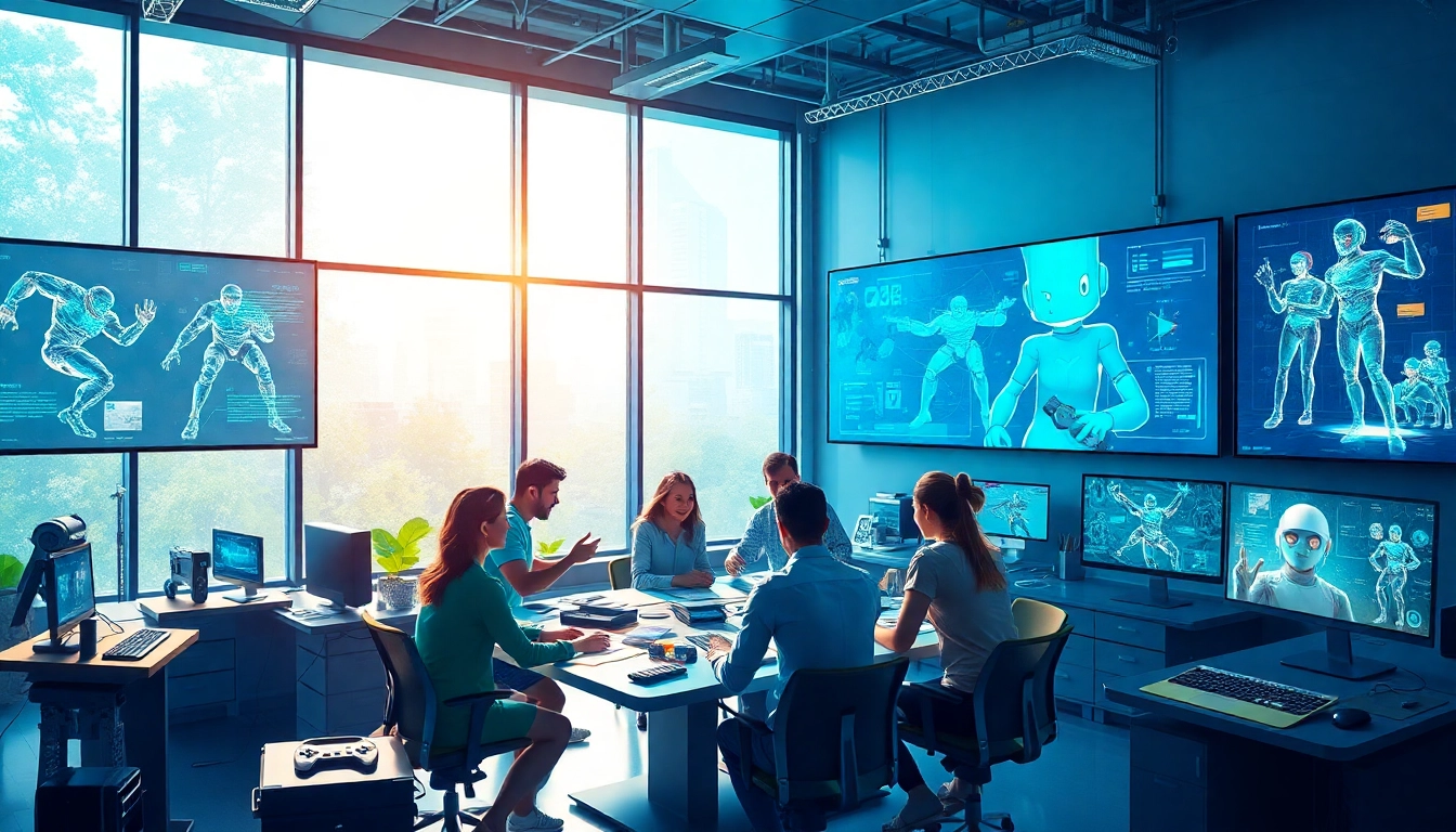 Innovative game AI development studio with diverse team collaborating.