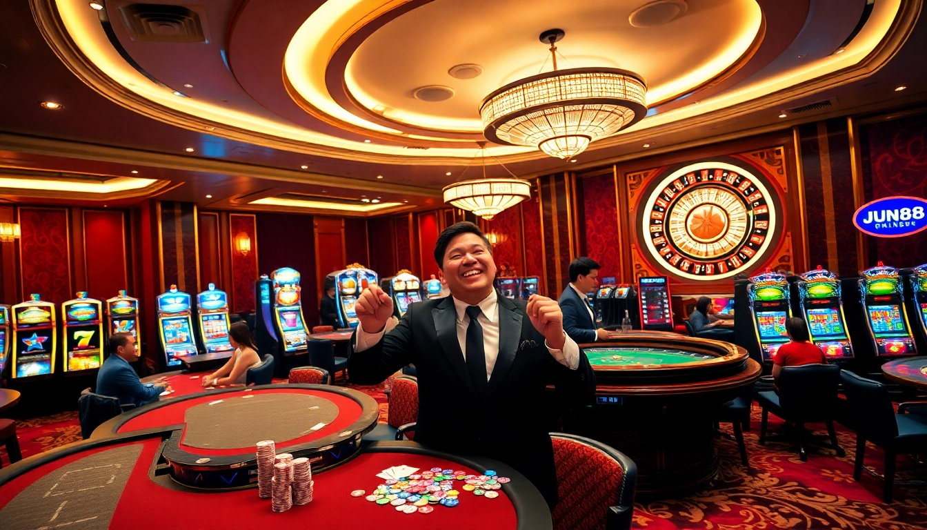 This captivating scene of a bustling casino floor at https://jun88pl.com/ features players engaged at poker tables and vibrant slot machines.