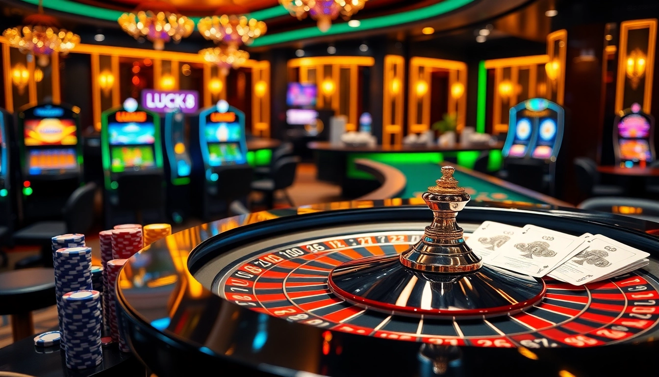 Người chơi tận hưởng một trò chơi đầy hồi hộp tại casino LUCK8, với roulette và các máy đánh bạc đầy màu sắc.