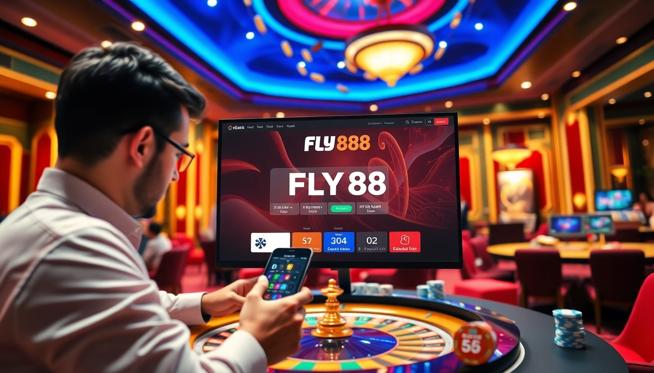 Fly88 Đăng nhập interface with vibrant casino elements showcasing a lively gambling atmosphere.