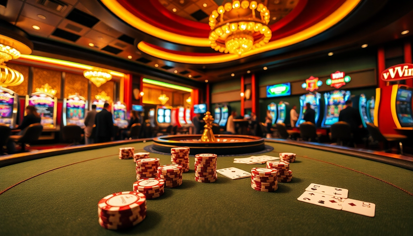 Experience the excitement of vvvwin with vibrant casino visuals of poker tables and slot machines.