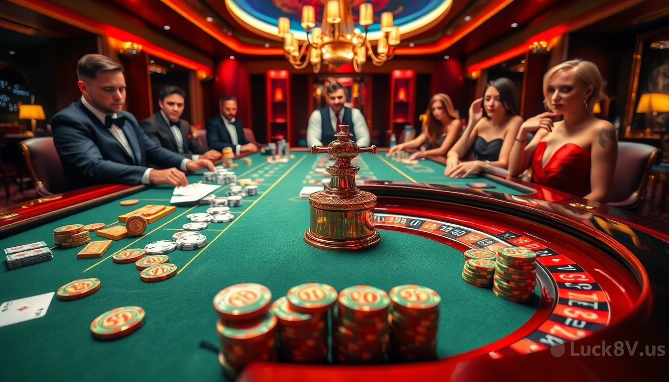 Engaging casino scene at https://luck8v.us.com/ with a thrilling roulette table and focused players.