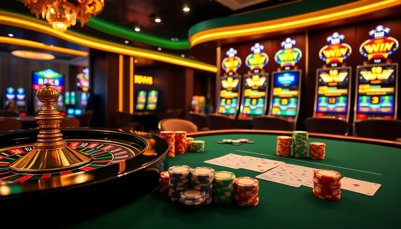Engaging gameplay at a vibrant casino table showcasing https://5mbcr.com/ with colorful chips and cards.