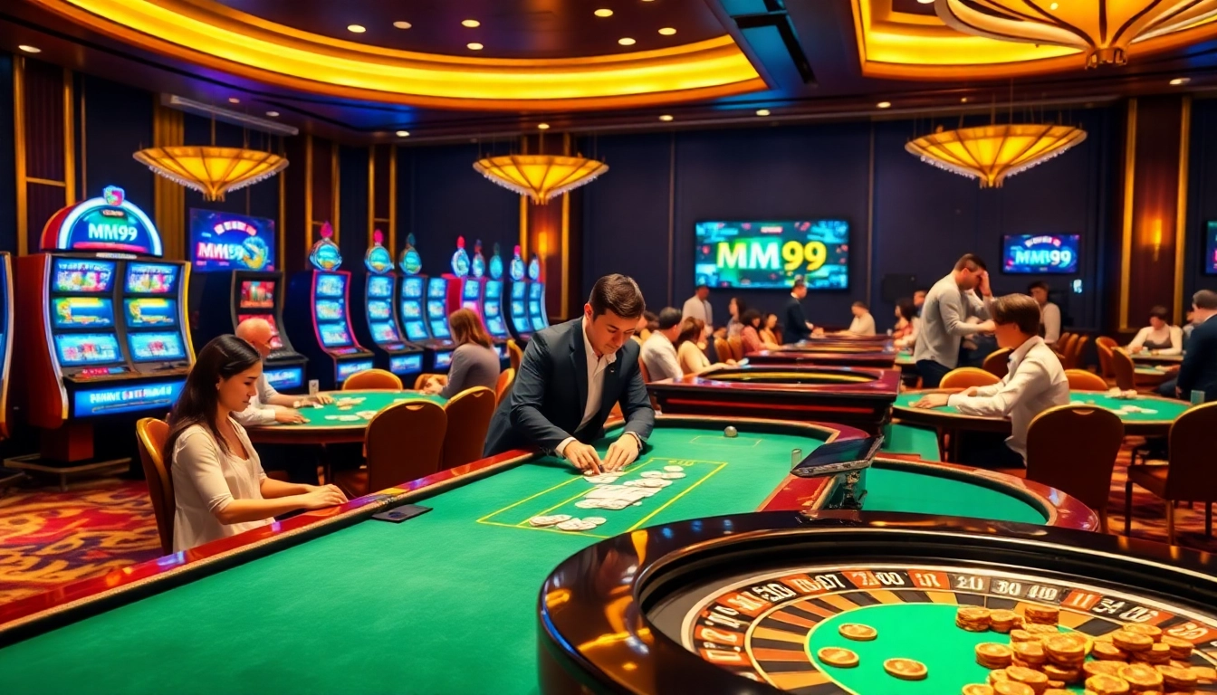 Experience the thrill of MM99 casino games with dealers and vibrant tables.